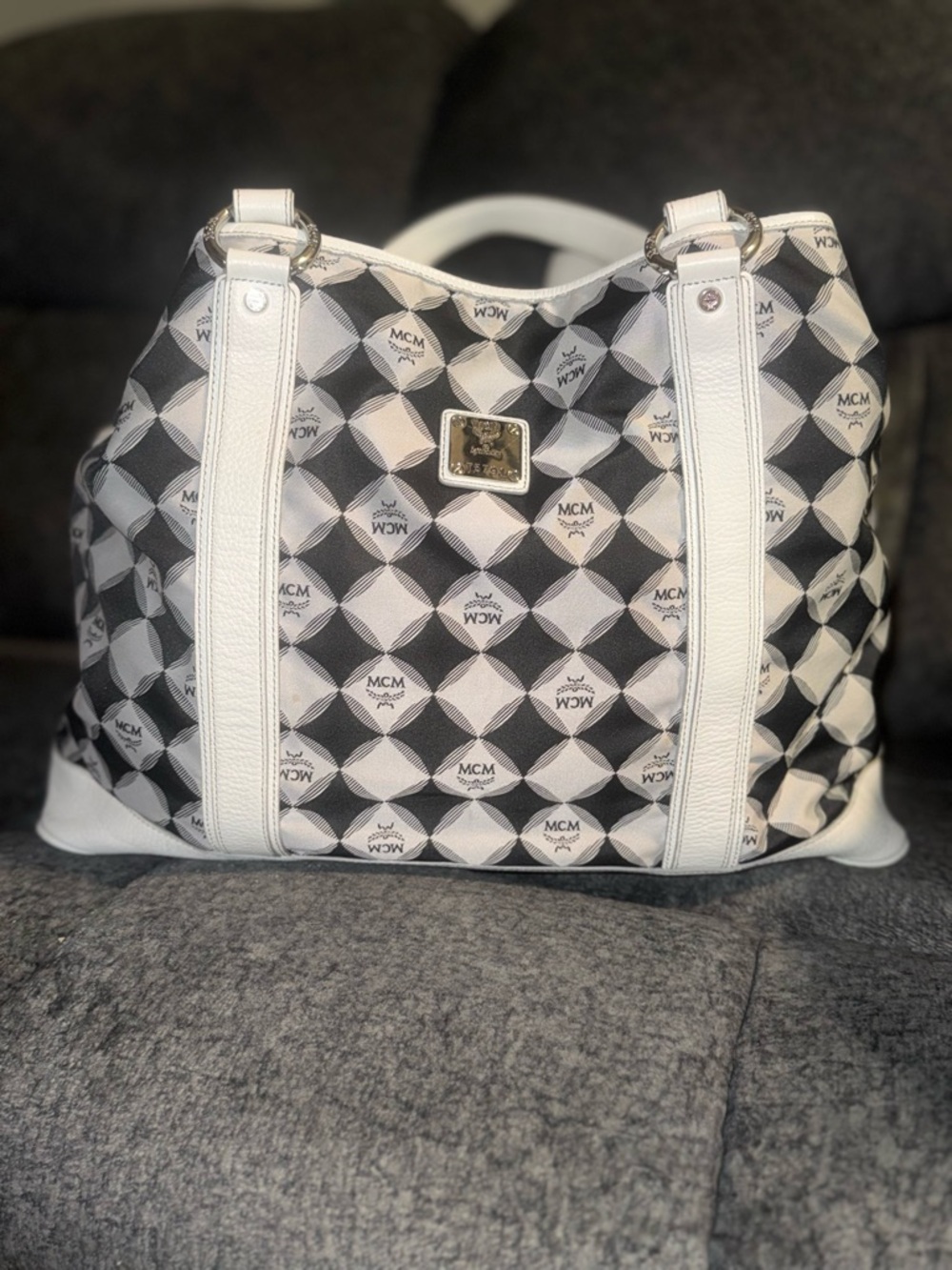 MCM Black and White Monogram Tote